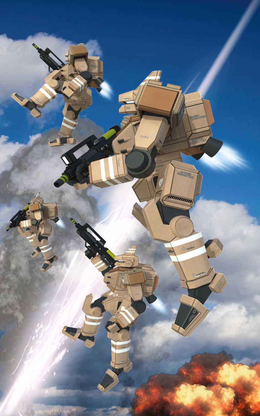 3d absurdres clouds english_commentary explosion falling from_side gun highres holding holding_gun holding_weapon larrynguyen0096 laser looking_up mecha no_humans original rifle science_fiction sky thrusters weapon white_eyes