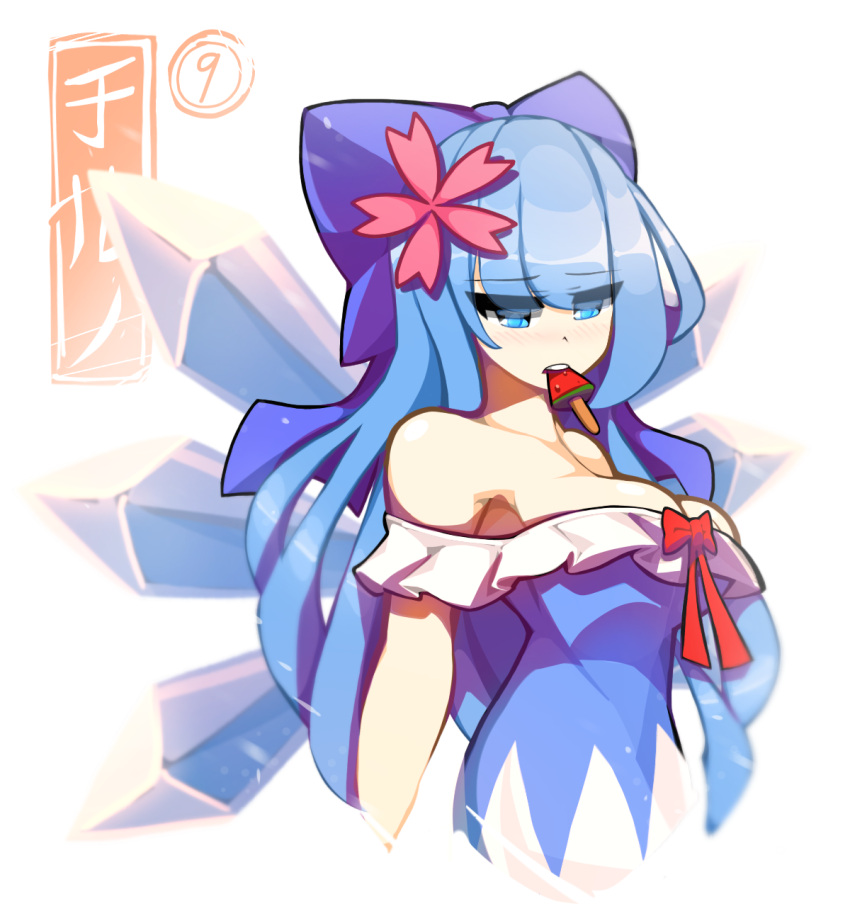 1girl alternate_costume alternate_hair_length alternate_hairstyle bare_shoulders blue_bow blue_dress blue_eyes blue_hair blush bow breasts character_name cirno collarbone dress flower food hair_bow hair_flower hair_ornament highres kaliningradg large_breasts long_hair older popsicle red_bow solo strapless strapless_dress touhou upper_body