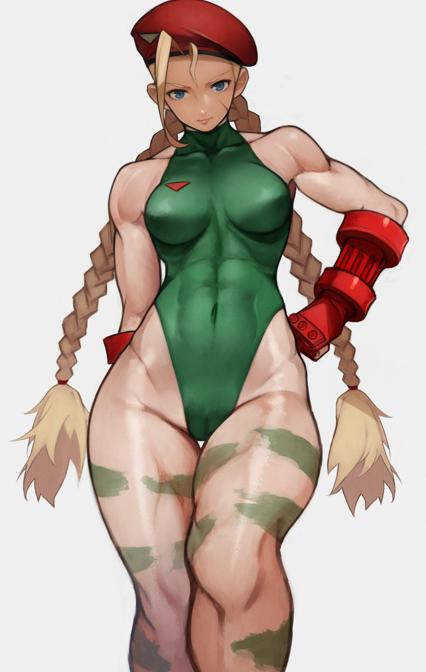 1girl absurdres ahoge bangs bare_shoulders beret blonde_hair braid breasts cammy_white camouflage closed_mouth commentary_request covered_collarbone covered_navel gauntlets green_leotard hand_on_hip hat highleg highleg_leotard highres leotard lips long_hair looking_at_viewer medium_breasts muscle muscular_female scar scar_on_cheek scar_on_face simple_background sleeveless solo street_fighter thighs tied_hair twin_braids twintails yoshio_(55level)