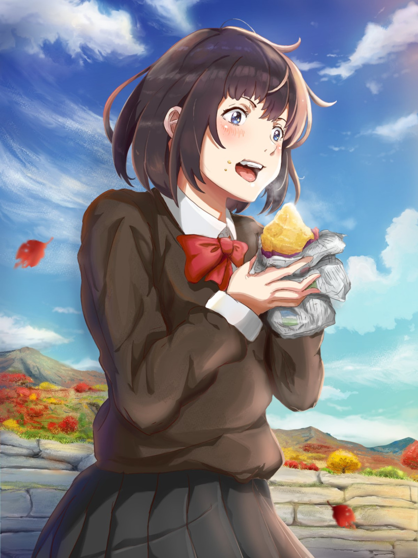 1girl autumn autumn_leaves black_hair black_shirt black_skirt bow clouds creatrail day eating food highres holding holding_food leaf long_sleeves maple_leaf mountainous_horizon open_mouth original outdoors red_bow shirt short_hair skirt solo standing sweater sweet_potato yakiimo