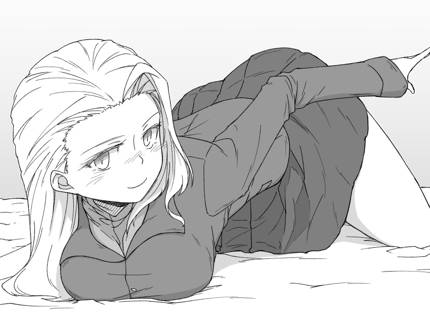 1girl arm_up bed_sheet breasts clara_(girls_und_panzer) closed_mouth commentary girls_und_panzer greyscale head_tilt highres jacket large_breasts long_hair long_sleeves looking_at_viewer miniskirt monochrome on_bed pleated_skirt pravda_school_uniform renshiu school_uniform shirt skirt smile solo top-down_bottom-up turtleneck
