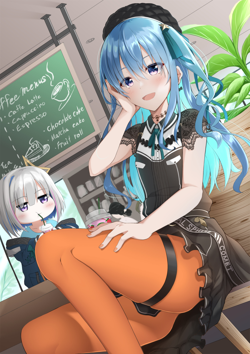 2girls amane_kanata bench beret black_choker black_shirt black_skirt blue_hair booth cafe cake ceiling chalkboard_sign chibi choker coat coffee_cup cowboy_shot cup day disposable_cup drinking_straw dutch_angle fingernails flat_chest food hand_on_own_cheek hand_on_own_thigh hat highres hinata_kokage holding holding_cup hololive hoshimachi_suisei indoors knee_up lace lace-trimmed_sleeves lace_choker lace_trim leaf long_hair looking_at_viewer menu_board multiple_girls off-shoulder_coat orange_legwear pantyhose pink_nails planter shelf shirt side_ponytail silver_hair sipping sitting skirt smile table thighs tree_branch violet_eyes virtual_youtuber wavy_hair windows winter_clothes winter_coat wooden_chair