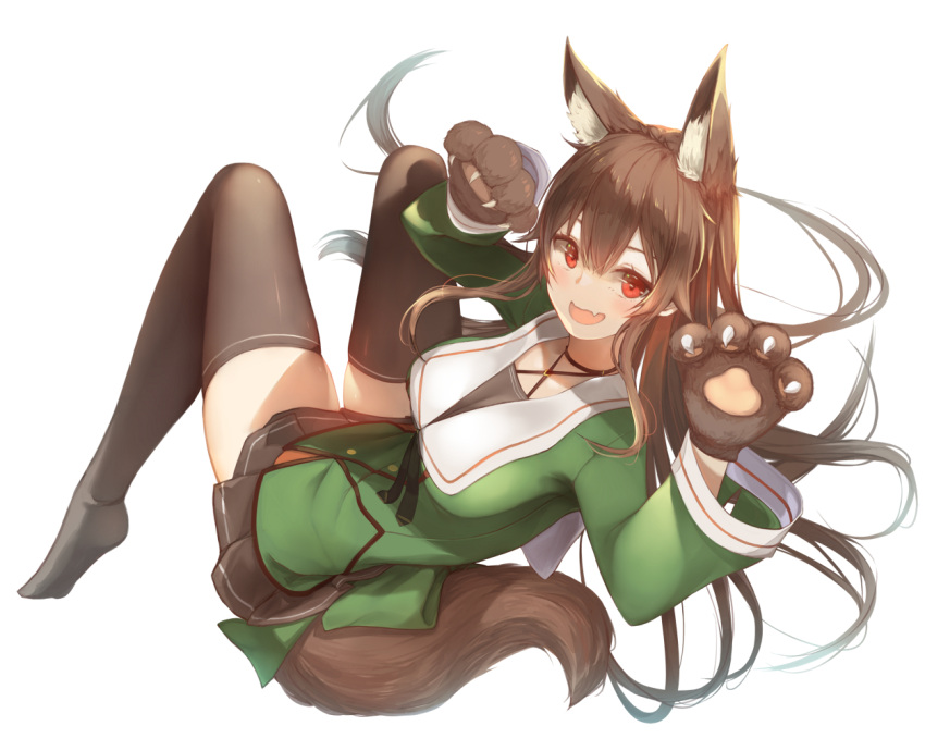 .live 1girl animal_ears black_legwear breasts brown_hair fang full_body headband kuro_cat_3 large_breasts long_hair looking_at_viewer open_mouth red_eyes school_uniform simple_background solo thigh-highs virtual_youtuber white_background wolf_ears yaezawa_natori
