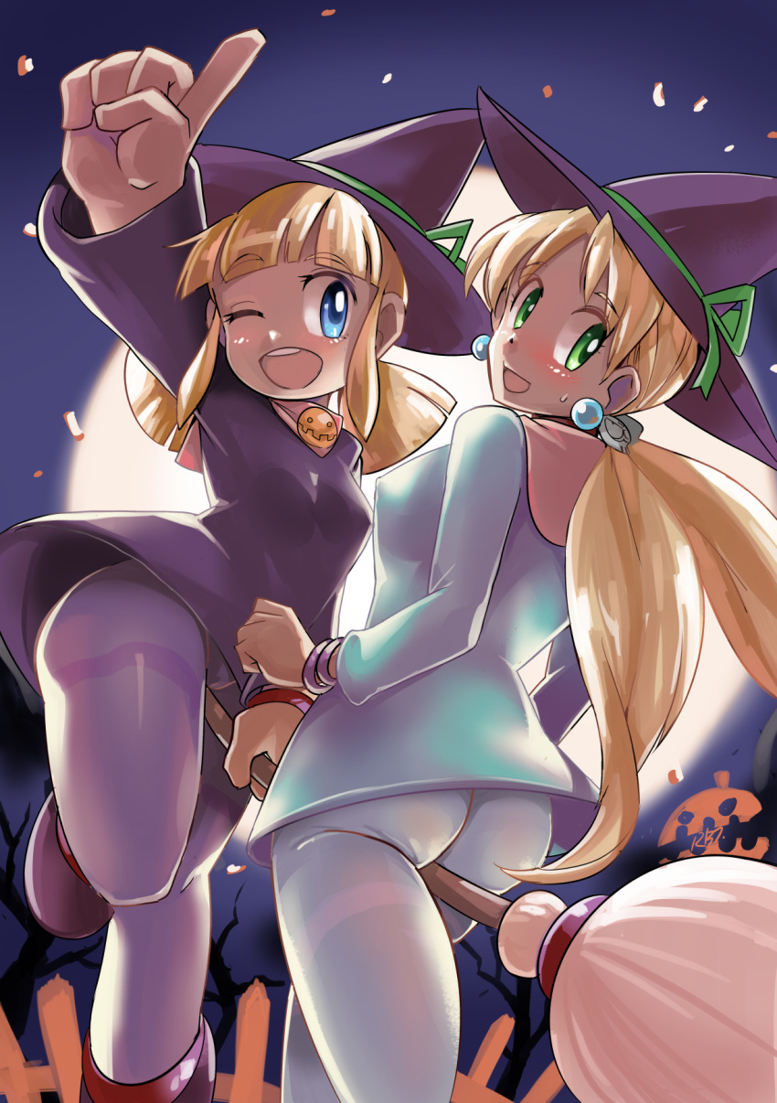 2girls ass bangs blonde_hair blue_eyes blunt_bangs blush breasts broom broom_riding dress earrings full_moon green_eyes halloween hat highres index_finger_raised jewelry kalinka_cossack large_breasts long_hair looking_at_viewer low_twintails medium_breasts moon multiple_girls one_eye_closed open_mouth pantyhose robojanai rockman rockman_(classic) rockman_xover roll_(rockman) scarf smile twintails witch witch_hat