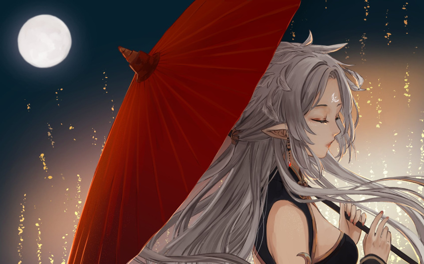 1girl ahoge breasts closed_eyes earrings facing_away full_moon highres holding holding_umbrella hong_runa jewelry long_hair medium_breasts moon night original parted_lips pointy_ears red_nails sidelocks silver_hair sky solo ten-chan_(eternal_s) umbrella very_long_hair virtual_youtuber wavy_hair