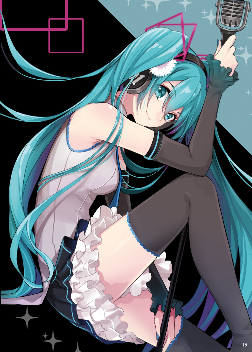 1girl absurdres aqua_eyes aqua_hair bare_shoulders black_background black_legwear black_skirt black_sleeves blue_nails breasts commentary cowboy_shot detached_sleeves frilled_skirt frills from_side grey_shirt hair_ornament hatsune_miku headphones highres holding holding_microphone_stand long_hair looking_at_viewer mamo_(fortune-mm) microphone microphone_stand miniskirt nail_polish pleated_skirt shirt sitting skirt sleeveless sleeveless_shirt small_breasts smile solo star_(symbol) thigh-highs twintails very_long_hair vocaloid