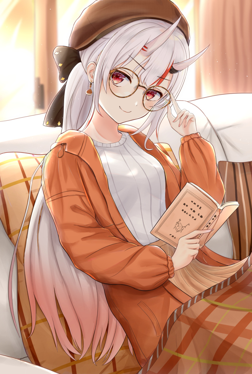 1girl adjusting_eyewear alternate_costume alternate_hairstyle beret blanket book breasts brown_jacket brown_skirt couch day drop_earrings earrings fang gradient_hair hat hat_ribbon highres holding holding_book hololive horns inaka_44 indoors jacket jewelry long_hair looking_at_viewer multicolored_hair nakiri_ayame on_couch oni oni_horns open_clothes open_jacket plaid_pillow ponytail reading ribbon sidelocks sitting skirt small_breasts smile solo streaked_hair striped_pillow sweater very_long_hair white_hair white_sweater