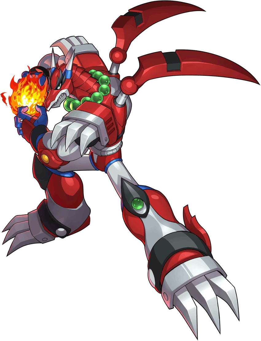 1boy android bead_necklace beads claws dragon dragon_horns fire gem gloves green_eyes hadouken helmet highres horns jewelry magmard_dragoon male_focus mizuno_keisuke necklace official_art robot rockman rockman_x rockman_x4 rockman_x_dive sharp_teeth solo teeth thick_eyebrows third-party_source transparent_background