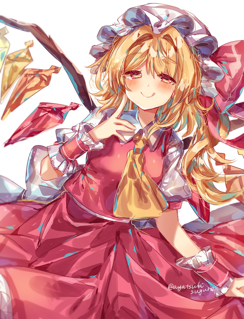 1girl :q ascot ayatsuki_sugure back_bow blonde_hair bow breasts commentary_request cowboy_shot crystal eyebrows_visible_through_hair flandre_scarlet hair_intakes half-closed_eyes hat hat_bow highres looking_at_viewer medium_hair mob_cap one_side_up red_bow red_eyes red_skirt red_vest simple_background skirt small_breasts solo tongue tongue_out touhou vest white_background white_bow white_headwear wings wrist_cuffs yellow_neckwear
