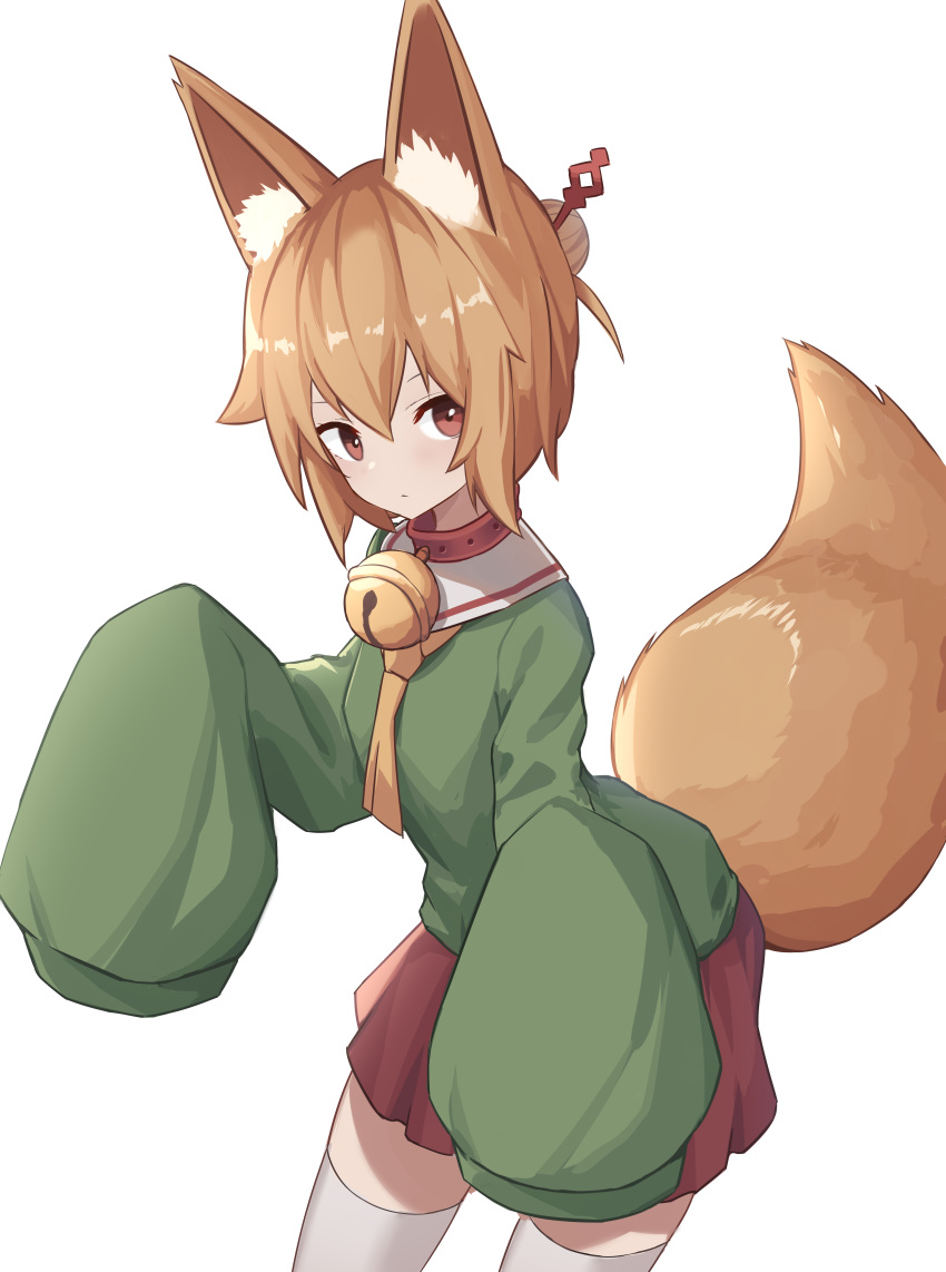 1girl absurdres animal_ear_fluff animal_ears bangs bell bell_collar blonde_hair blush borrowed_character closed_mouth collar commentary_request duan_zhu expressionless eyebrows_visible_through_hair fox_ears fox_girl fox_tail green_shirt grey_legwear hair_between_eyes hair_ornament highres kemomimi-chan_(naga_u) leaning_forward long_sleeves looking_at_viewer orange_neckwear original pleated_skirt red_eyes red_skirt shirt short_hair sidelocks simple_background skirt sleeves_past_fingers sleeves_past_wrists solo tail tail_raised thigh-highs white_background zettai_ryouiki