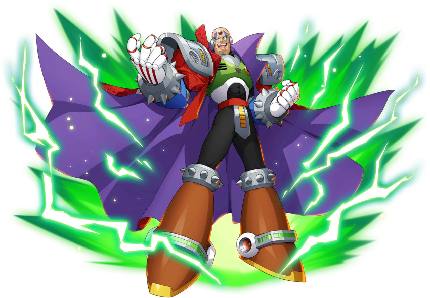 1boy android armor bald blue_eyes boss bracelet cape evil facial_mark facial_scar facial_tattoo forehead_jewel full_body gem highres jewelry male_focus mizuno_keisuke muscle official_art pauldrons robot rockman rockman_x rockman_x1 rockman_x_dive scar shoulder_armor shoulder_pads sigma solo spiked_bracelet spikes tall tattoo third-party_source transparent_background