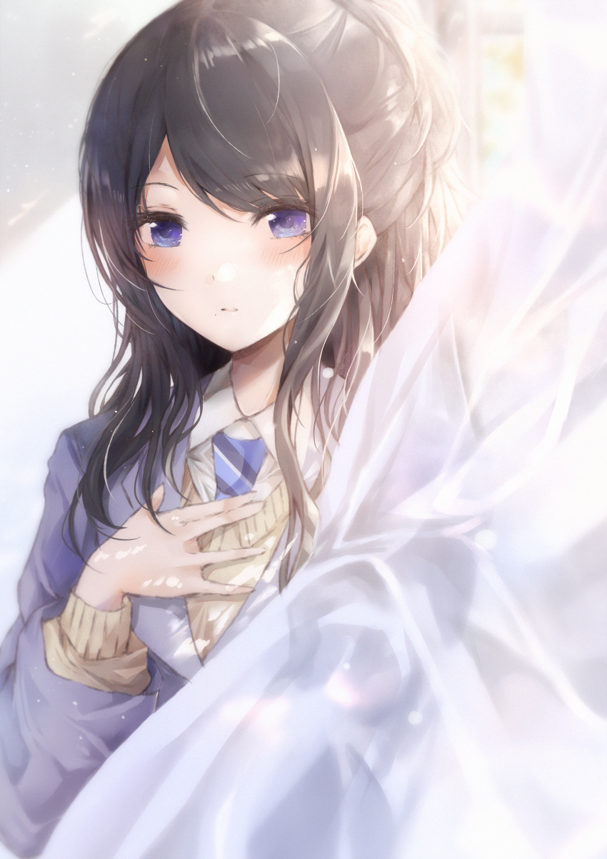 1girl absurdres black_hair blue_eyes blue_jacket blue_neckwear blush cardigan collar collared_shirt curtains hand_on_own_chest highres huge_filesize idolmaster idolmaster_shiny_colors indoors jacket kazano_hiori light_particles long_hair looking_at_viewer mole mole_under_mouth namamake necktie school_uniform see-through shirt sidelocks solo striped striped_neckwear uniform upper_body white_collar window