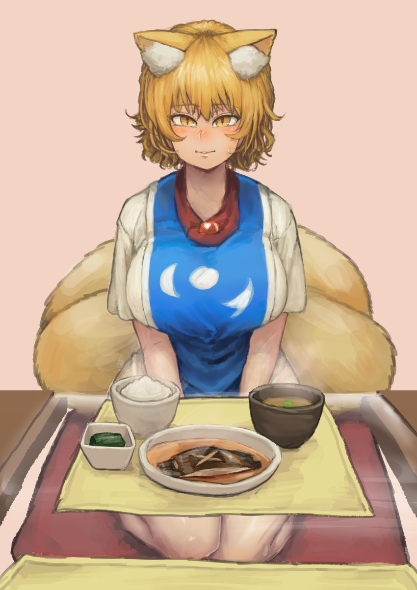 1girl absurdres animal_ear_fluff animal_ears blonde_hair blush bowl breasts brooch chanta_(ayatakaoisii) cushion food fox_ears highres huge_breasts jewelry looking_at_viewer multiple_tails parted_lips pink_background seiza shirt short_hair simple_background sitting skirt slit_pupils smile solo tabard tail touhou white_shirt white_skirt yakumo_ran yellow_eyes zabuton