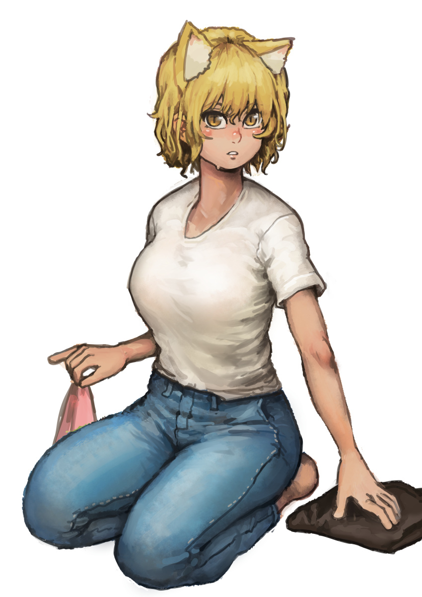 1girl absurdres animal_ears blonde_hair blue_pants blush breasts chanta_(ayatakaoisii) denim fox_ears full_body highres jeans large_breasts looking_at_viewer pants parted_lips seiza shirt short_sleeves simple_background sitting slit_pupils solo sweat touhou wet white_background white_shirt yakumo_ran yellow_eyes