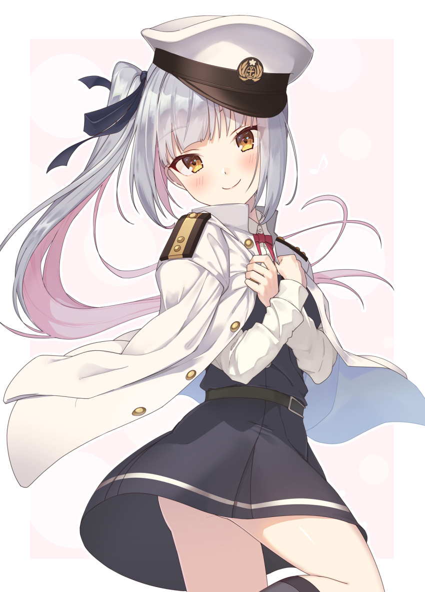 1girl bangs belt black_legwear black_ribbon blush commentary_request cowboy_shot crossed_arms dress epaulettes eyebrows_visible_through_hair hair_ribbon hands_on_own_chest hat highres kantai_collection kasumi_(kantai_collection) kneehighs long_hair long_sleeves looking_at_viewer military military_uniform naval_uniform nueco peaked_cap pinafore_dress red_ribbon remodel_(kantai_collection) ribbon school_uniform shirt side_ponytail silver_hair simple_background sleeveless sleeveless_dress smile solo uniform white_background white_shirt yellow_eyes