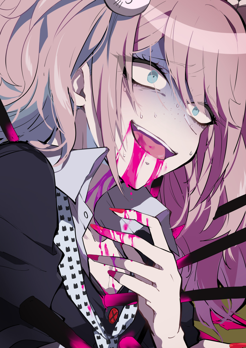 1girl absurdres aqua_eyes arm_up black_shirt blood blood_from_mouth blood_on_face bloody_clothes bloody_hands bunny_hair_ornament collarbone commentary dangan_ronpa dangan_ronpa_1 enoshima_junko freckles hair_ornament highres ikusaba_mukuro impaled medium_hair nail_polish necktie nekoma_hikaru open_mouth pink_hair red_nails shirt short_sleeves solo spoilers sweat sweating_profusely twintails upper_body upper_teeth
