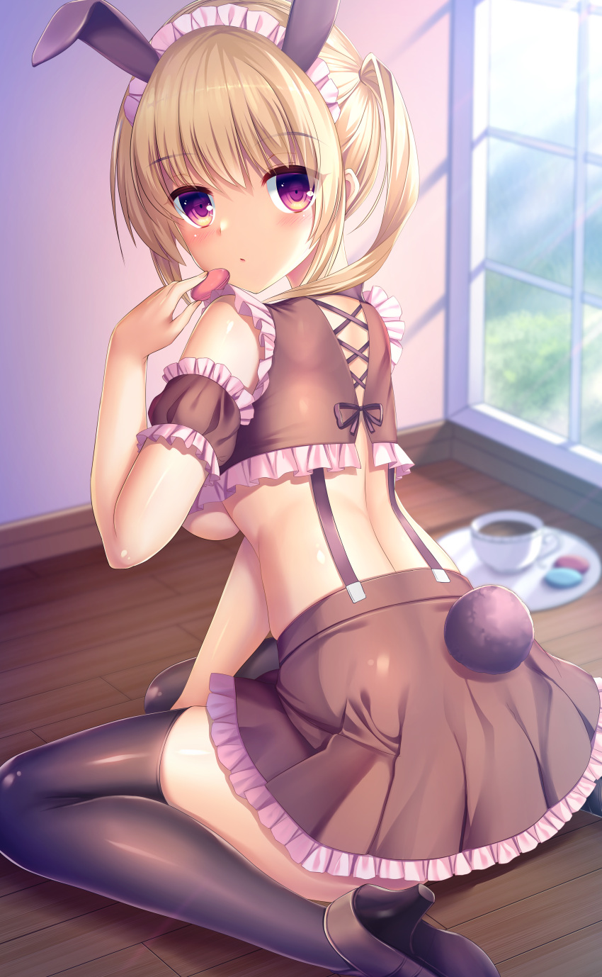 1girl absurdres animal_ears bangs bare_shoulders black_legwear blonde_hair blurry blurry_background blush breasts brown_footwear brown_shirt brown_skirt brown_sleeves bunny_girl bunny_tail closed_mouth commentary_request crop_top cup day depth_of_field detached_sleeves eyebrows_visible_through_hair food frilled_shirt frilled_skirt frilled_sleeves frills from_behind hair_between_eyes hand_up high_heels highres holding holding_food indoors long_hair looking_at_viewer looking_back macaron maid maid_headdress medium_breasts midriff on_floor original pleated_skirt puffy_short_sleeves puffy_sleeves rabbit_ears red_eyes shirt shoe_soles short_sleeves sitting skirt solo tail thigh-highs tray twintails umitonakai under_boob wariza window wooden_floor