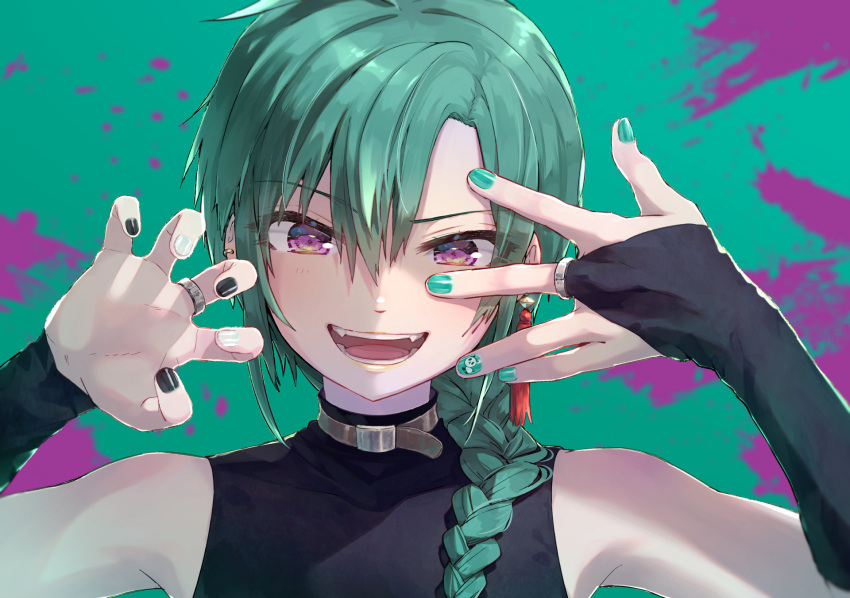 1girl abstract_background bare_shoulders black_shirt braid braided_ponytail bridal_gauntlets commentary_request earrings eyes_visible_through_hair green_background green_nails hair_between_eyes hair_over_shoulder highres jewelry long_hair looking_at_viewer multicolored multicolored_nails nijisanji open_mouth ring ryuushen shirt sleeveless smile solo syuri22 tassel teeth upper_body violet_eyes