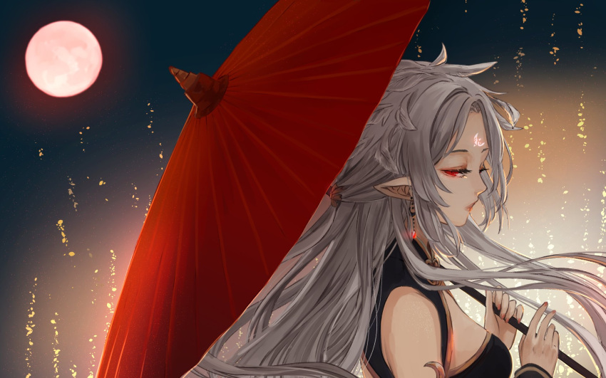 1girl ahoge breasts earrings facing_away full_moon highres holding holding_umbrella hong_runa jewelry long_hair looking_at_viewer medium_breasts moon night original parted_lips pointy_ears red_moon red_nails sidelocks silver_hair sky solo ten-chan_(eternal_s) umbrella very_long_hair virtual_youtuber wavy_hair