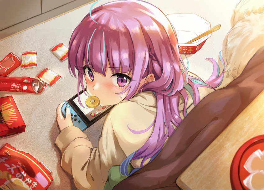 1girl ahoge blush candy_wrapper chopsticks cracker day dog eating food food_in_mouth from_above hair_down hololive indoors instant_curry_rice kotatsu looking_at_viewer lying minato_aqua multicolored_hair nintendo_switch on_floor on_stomach open_wrapper plate playing_games pocky purple_hair snack solo streaked_hair summer_tail720 super_smash_bros. sweater table two-tone_hair under_kotatsu under_table violet_eyes