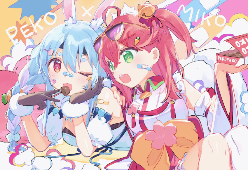 2girls ahoge animal_ears bandage_on_face bandages bandana bell black_bandana blue_hair box_of_chocolates braid brown_gloves candy carrot_hair_ornament character_name colorful commentary detached_sleeves dress eating feet_out_of_frame food food_themed_hair_ornament fur_gloves gloves green_eyes hair_bell hair_ornament hairclip highres holding holding_candy holding_food hololive long_hair lying lying_on_another medium_hair multicolored_hair multiple_girls nontraditional_miko obi on_stomach one_eye_closed open_mouth pink_hair puffy_sleeves rabbit_ears red_eyes redhead sakura_miko sash sidelocks sitting tagme twin_braids upper_teeth usada_pekora virtual_youtuber white_dress white_hair wide_sleeves x_hair_ornament zuho_(vega)