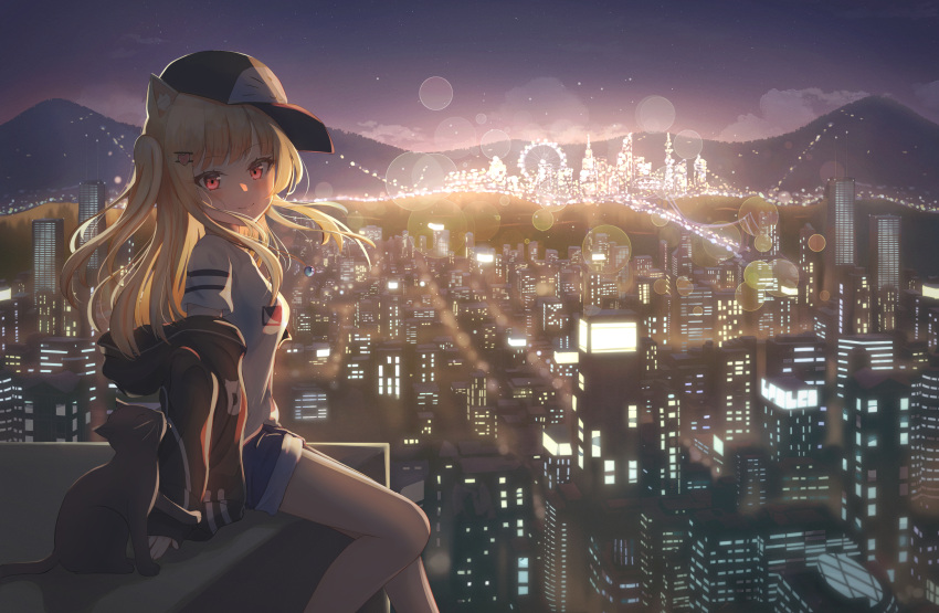 1girl absurdres animal animal_ear_fluff animal_ears bangs baseball_cap black_cat black_headwear black_jacket blonde_hair blue_shorts breasts building cat cat_ears city_lights cityscape closed_mouth commentary_request eyebrows_visible_through_hair feet_out_of_frame ferris_wheel hair_ornament hairclip hat heart heart_hair_ornament highres hood hood_down hooded_jacket jacket long_hair long_sleeves looking_at_viewer looking_to_the_side mountain off_shoulder open_clothes open_jacket original outdoors red_eyes scenery short_hair short_shorts shorts skyscraper sleeves_past_wrists small_breasts smile solo sunset two_side_up yuja_(yuja1124)