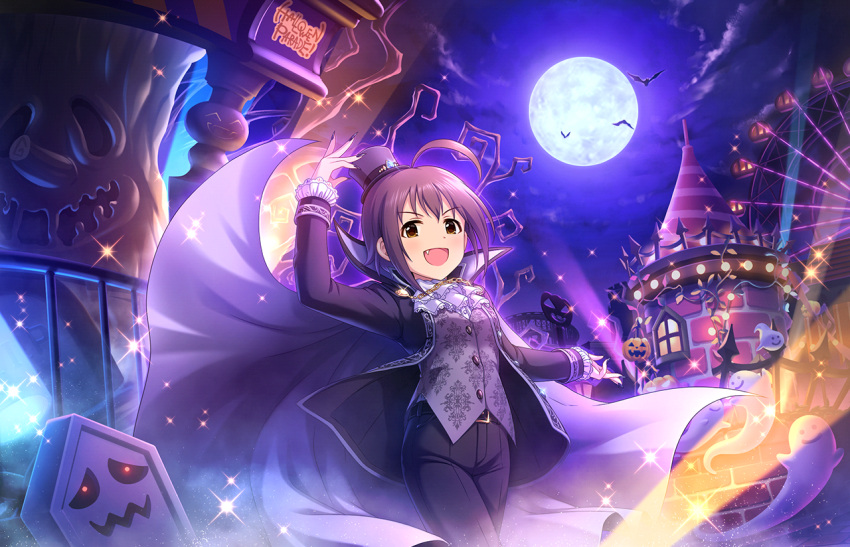 black_eyes black_hair blush cape idolmaster_cinderella_girls_starlight_stage jacket short_hair smile vampire wakiyama_tamami