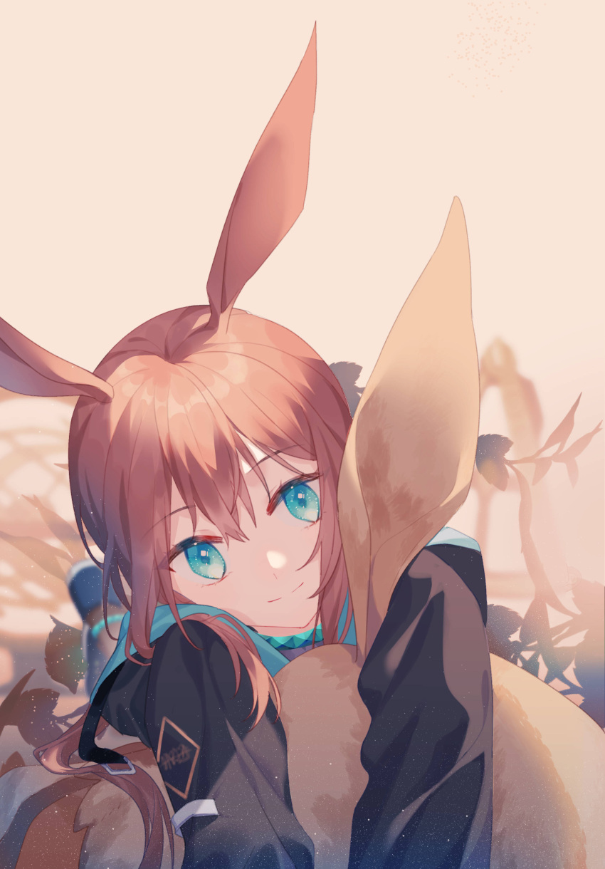 1girl absurdres amiya_(arknights) animal_ears arknights bangs black_jacket black_legwear blue_eyes blue_footwear brown_hair closed_mouth commentary_request ears_up eyebrows eyebrows_visible_through_hair flower hair_over_shoulder happy head_tilt highres hug idass_(idass16) jacket long_hair long_sleeves lying object_hug on_stomach outdoors pantyhose plant rabbit_ears shiny shiny_hair shoes simple_background smile solo stuffed_animal stuffed_bunny stuffed_toy