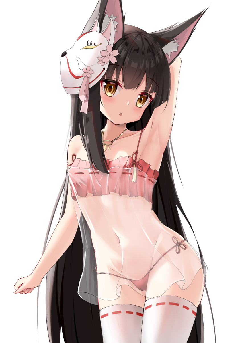 1girl :o absurdres animal_ear_fluff animal_ears arm_up armpits azur_lane bangs bare_shoulders black_hair breasts eyebrows_visible_through_hair fox_ears fox_mask highres jewelry long_hair looking_at_viewer mask mask_on_head nagato-chan nagato_(azur_lane) nagato_(great_fox's_sleepwear)_(azur_lane) navel necklace pajamas panties red_panties see-through sheer_clothes simple_background small_breasts solo strap_slip thigh-highs underwear very_long_hair white_background white_legwear yellow_eyes