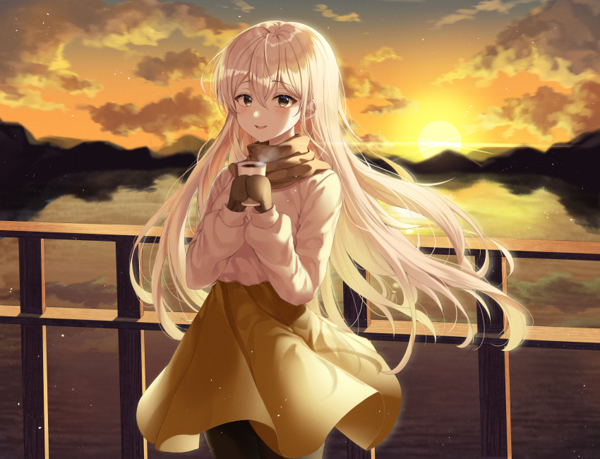 1girl bangs blush brown_gloves brown_legwear brown_skirt clouds coffee coffee_cup commentary_request cup disposable_cup ekina_(1217) floating_hair gloves hair_between_eyes hands_up highres holding lake long_hair long_sleeves looking_at_viewer ocean original outdoors pantyhose pink_sweater scarf skirt smile solo steam sunset sweater sweater_tucked_in upper_teeth