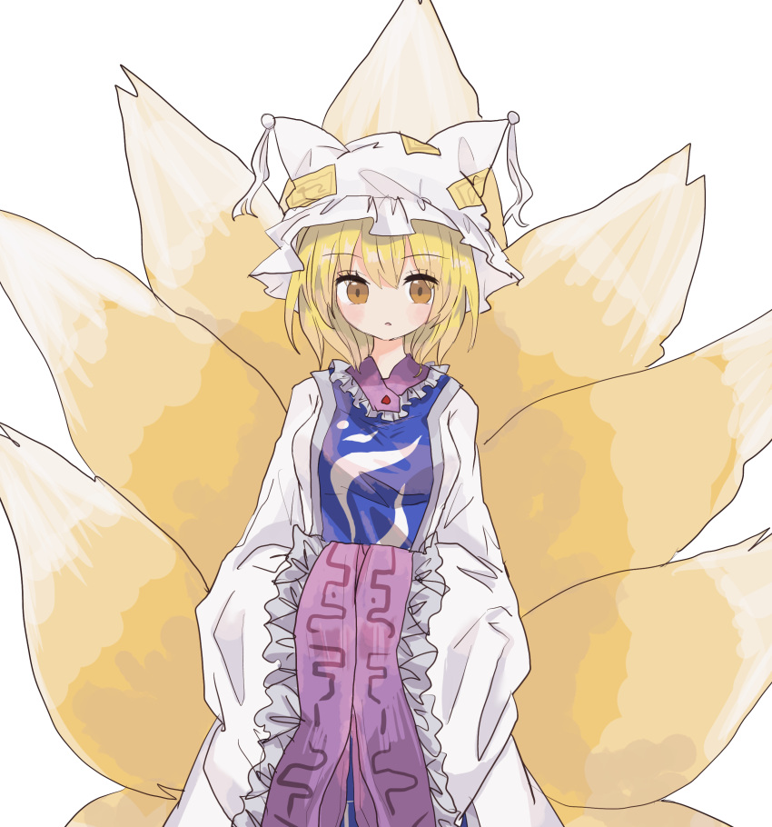 1girl absurdres animal_ears blonde_hair blush breasts commentary_request cowboy_shot fox_ears fox_tail hat highres long_sleeves looking_at_viewer medium_breasts mob_cap multiple_tails orange_eyes parted_lips short_hair simple_background sleeves_past_wrists solo standing tabard tail touhou white_background white_headwear white_robe wide_sleeves yakumo_ran zabuton_(mgdw5574)