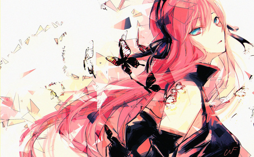 1girl black_dress black_gloves blue_eyes bug butterfly dress elbow_gloves from_side gloves hairband highres insect long_hair looking_at_viewer looking_to_the_side megurine_luka nyakkunn parted_lips pink_hair sleeveless sleeveless_dress solo upper_body very_long_hair vocaloid white_background