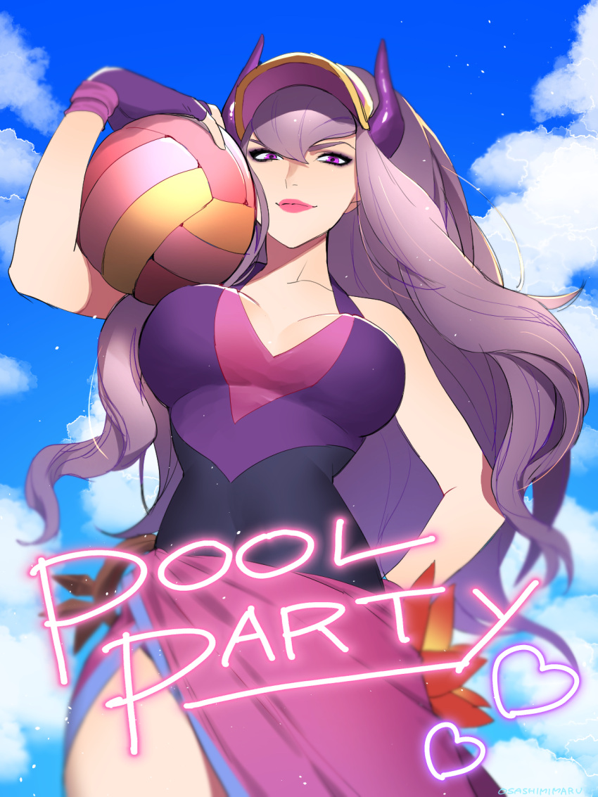 1girl ball blue_sky closed_mouth clouds english_text fingerless_gloves gloves hair_between_eyes hand_on_hip hat highres holding holding_ball horns league_of_legends light_purple_hair long_hair outdoors pink_lips purple_gloves purple_hair purple_headwear purple_horns sky smile solo standing syndra violet_eyes visor_cap volleyball wosashimi