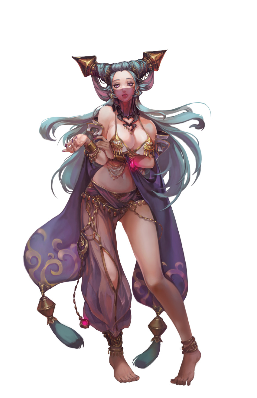 1girl absurdres anklet asymmetrical_clothes bangle barefoot belly_chain bikini bikini_top blue_hair bracelet breasts dancer detached_sleeves earrings hair_horns harem_outfit harem_pants highres horn_ornament horns jewelry large_breasts lily_chen long_hair long_sleeves necklace original pants single_pantsleg swimsuit veil violet_eyes wide_sleeves