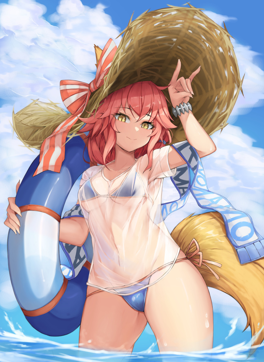 1girl absurdres animal_ears bangs bikini blue_bikini blue_sky bow character_name closed_mouth clouds day eyebrows_visible_through_hair fate/grand_order fate_(series) fox_ears fox_shadow_puppet fox_tail hand_up hat highres looking_at_viewer navel outdoors partially_submerged pink_hair ribbon shirt short_hair side-tie_bikini sky smile solo straw_hat striped striped_bow striped_ribbon swimsuit tail tamamo_(fate)_(all) tamamo_no_mae_(swimsuit_lancer)_(fate) thighs water wet wet_clothes wet_shirt yellow_eyes yukaring1