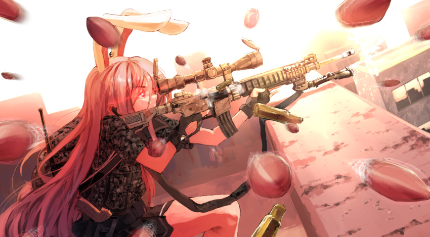 1girl ammunition_belt animal_ears assault_rifle bangs black_gloves black_skirt bullet camouflage commentary_request covered_mouth danmaku finger_on_trigger fingerless_gloves from_side frown gloves glowing glowing_eyes gun holding holding_gun holding_weapon incoming_attack light_purple_hair long_hair military military_uniform pink_eyes profile rabbit_ears red_eyes reisen_udongein_inaba rifle rooftop shell_casing short_sleeves skirt sniper_rifle solo strap sunyup tagme touhou uniform weapon weapon_request