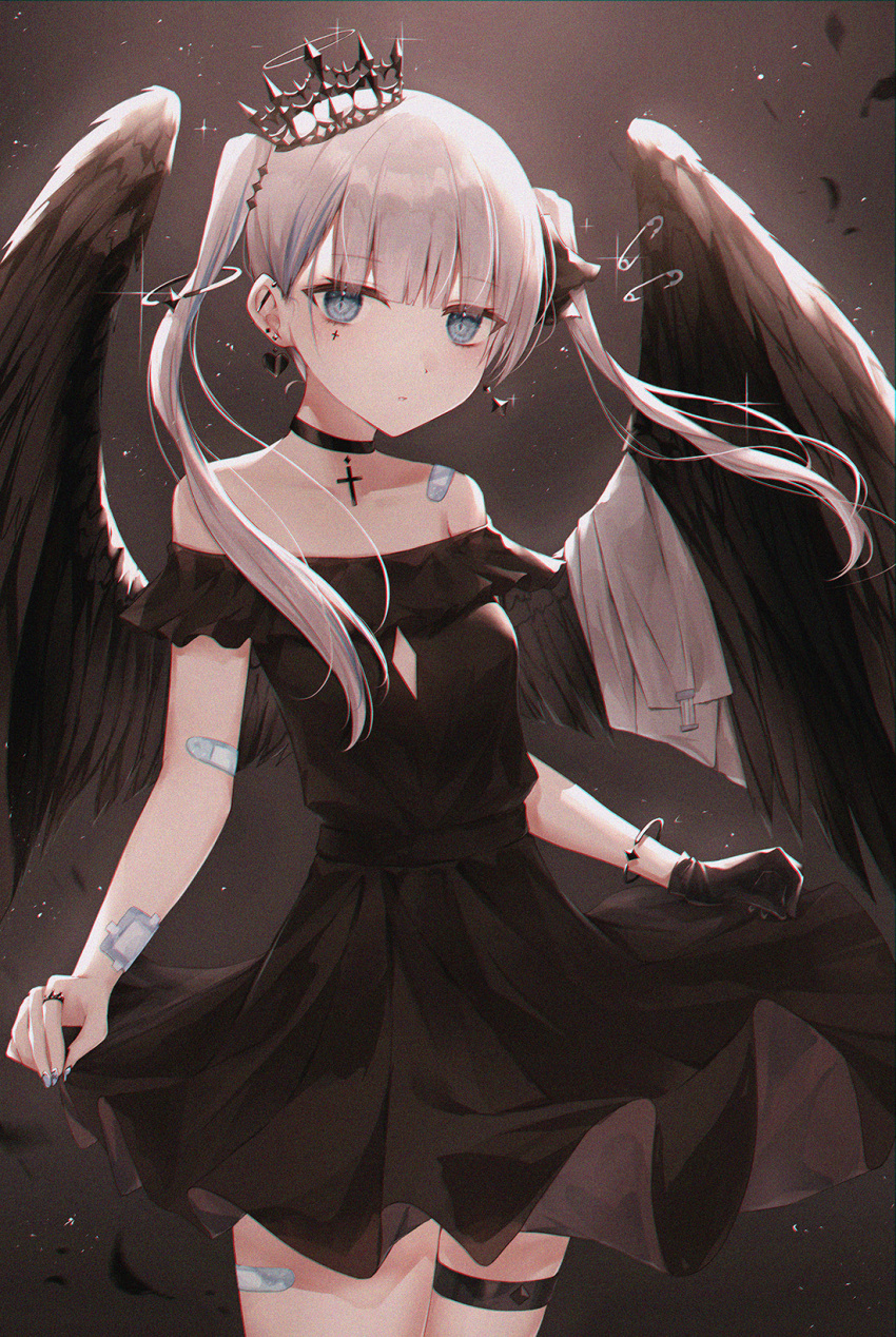 1girl bandaid bandaid_on_arm bandaid_on_shoulder bangs bare_shoulders black_dress black_feathers black_gloves black_wings blue_eyes blush commentary_request crown dress eyebrows_visible_through_hair feathered_wings feathers gloves grey_hair halo highres kanju long_hair looking_at_viewer mini_crown off-shoulder_dress off_shoulder original parted_lips pleated_dress safety_pin single_glove skirt_hold solo standing thigh_strap tiles twintails wings
