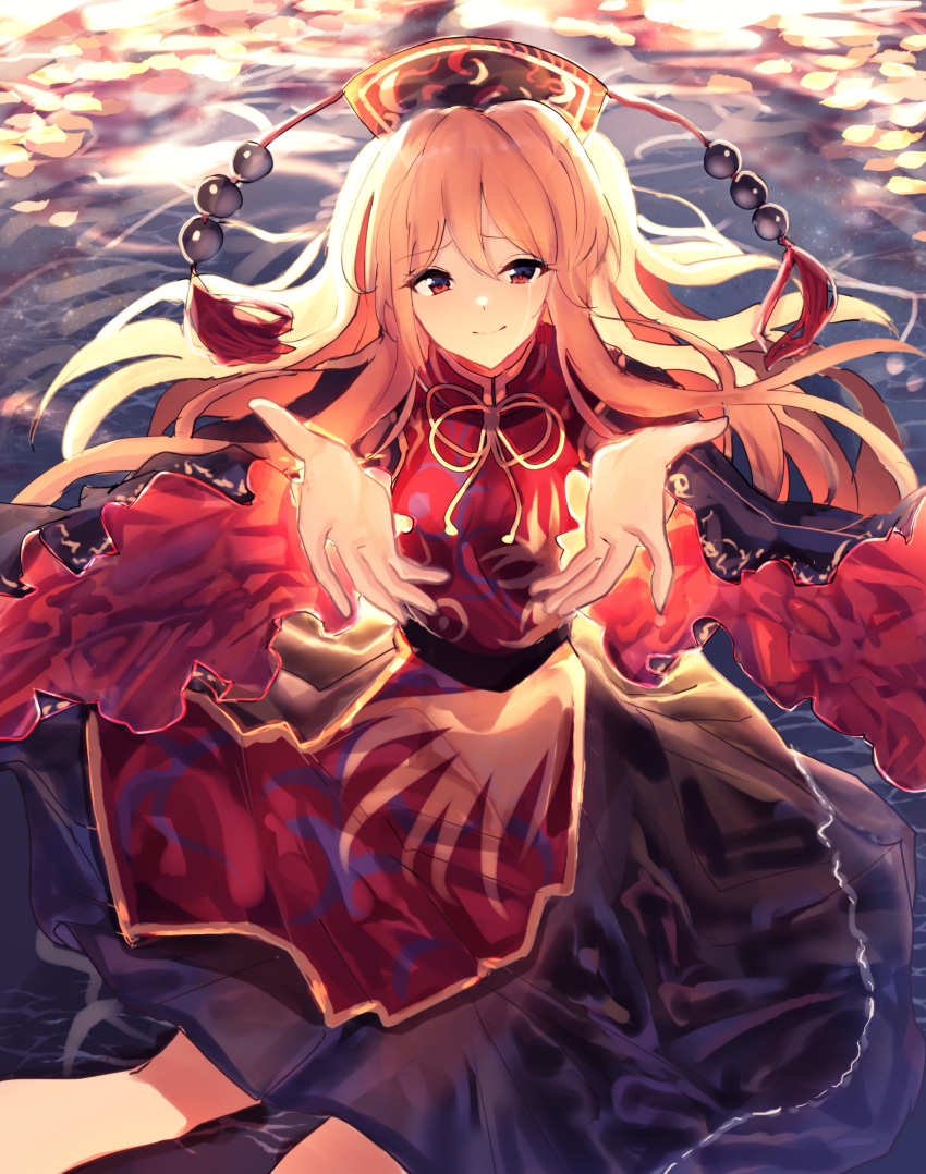 1girl absurdres black_dress blonde_hair blush breasts commentary_request crying crying_with_eyes_open dress hat highres junko_(touhou) kozomezuki large_breasts long_hair multicolored multicolored_clothes multicolored_headwear outstretched_arms red_eyes red_tabard sitting smile solo tassel tears touhou water