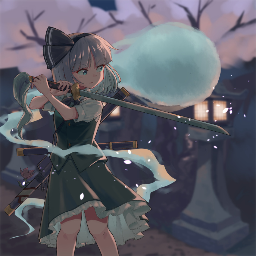 1girl 5alive black_ribbon blurry blurry_background bob_cut breasts commentary_request depth_of_field feet_out_of_frame flower green_eyes green_skirt green_vest hair_ribbon hairband highres hitodama holding holding_sword holding_weapon katana knees_together_feet_apart kodachi konpaku_youmu konpaku_youmu_(ghost) lamp looking_to_the_side object_behind_back parted_lips puffy_short_sleeves puffy_sleeves ribbon sheath sheathed short_hair short_sleeves short_sword silver_hair skirt skirt_set small_breasts solo standing sword touhou tree v-shaped_eyebrows vest weapon