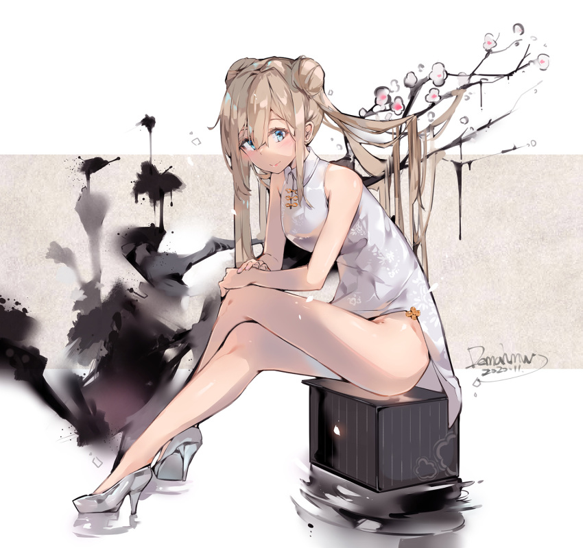 1girl bangs bare_arms bare_legs bare_shoulders blue_eyes brown_hair china_dress chinese_clothes closed_mouth commentary_request crossed_legs daima_hmw dated double_bun dress eyebrows_behind_hair flower full_body girls_frontline grey_dress grey_footwear hair_between_eyes high_heels highres ink long_hair looking_at_viewer shoes signature sitting sleeveless sleeveless_dress smile solo suomi_kp31_(girls_frontline) tree_branch twintails very_long_hair white_flower