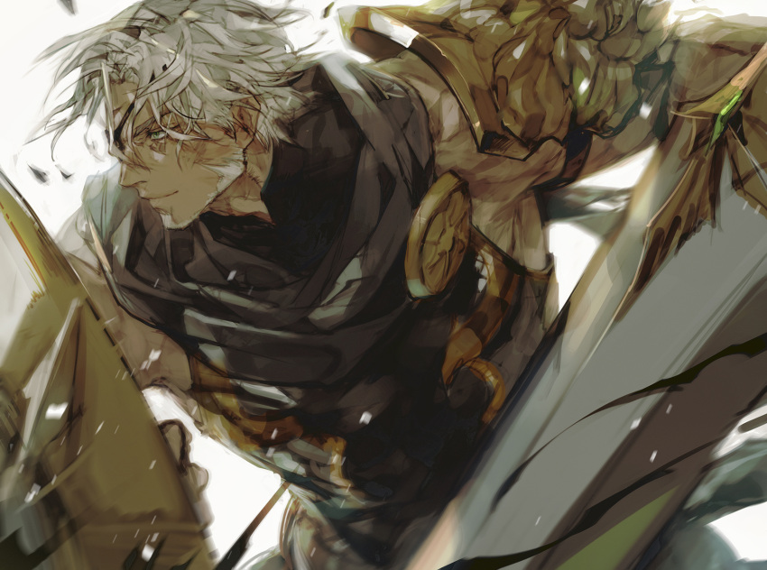 1boy armor closed_mouth dark_skin dark_skinned_male eyepatch facial_hair green_eyes grey_hair haban_(haban35) highres holding holding_sword holding_weapon male_focus original pauldrons shield shoulder_armor single_pauldron smile solo sword turtleneck weapon