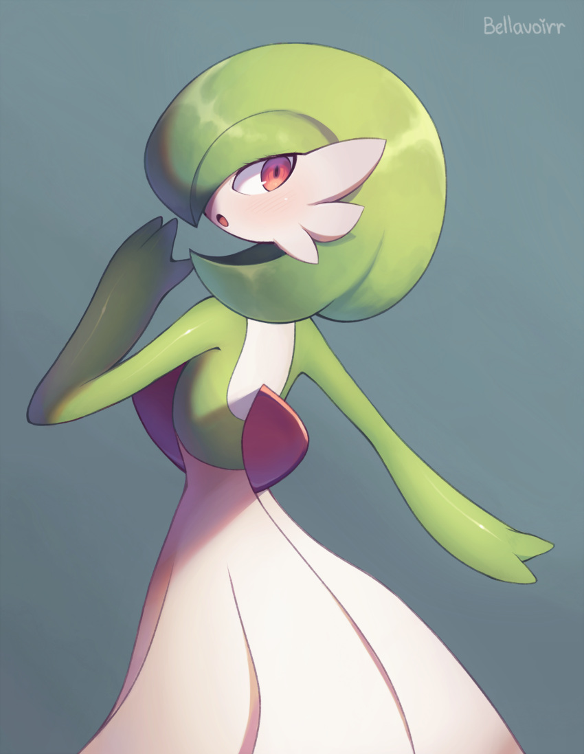 :o absurdres artist_name bellavoirr blush commentary eyelashes gardevoir gen_3_pokemon hand_up highres looking_at_viewer looking_back open_mouth outline pokemon pokemon_(creature) red_eyes shiny shiny_skin solo tongue watermark