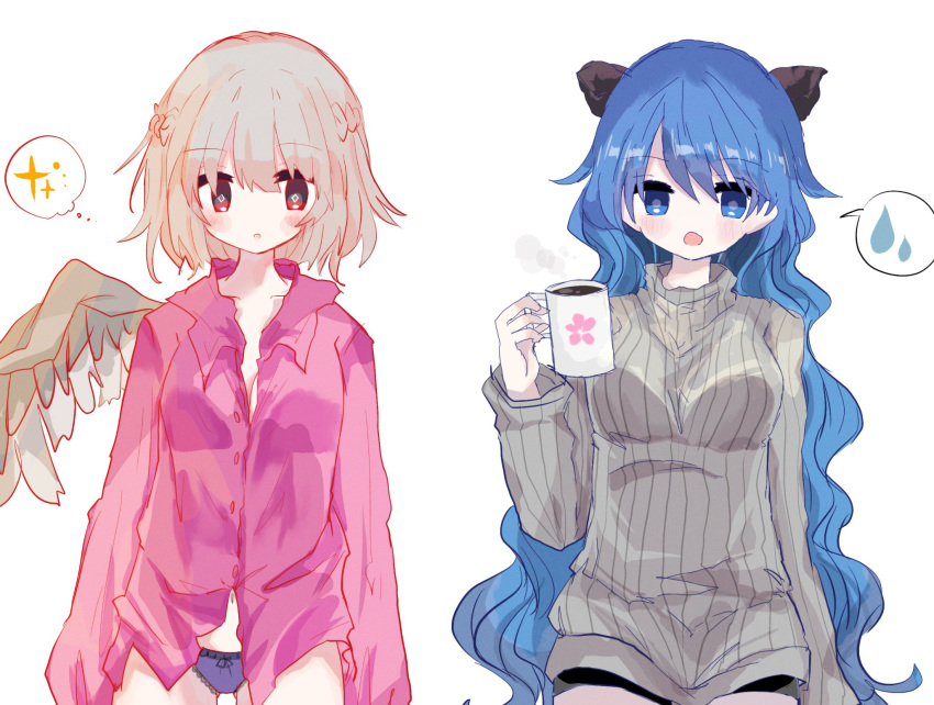 2girls :o alternate_costume animal_ears blue_eyes blue_hair blue_panties blush braid breasts bright_pupils chestnut_mouth coffee collarbone commentary_request cowboy_shot cup diamond-shaped_pupils diamond_(shape) doremy_sweet french_braid highres holding holding_cup hot_drink kishin_sagume long_hair long_sleeves looking_down medium_breasts mug multiple_girls open_mouth panties pink_shirt shirt short_hair single_wing spoken_sparkle spoken_sweatdrop sweatdrop sweater symbol-shaped_pupils tail tapir_ears tapir_tail touhou turtleneck turtleneck_sweater underwear very_long_hair wavy_hair white_background wings zabuton_(mgdw5574)