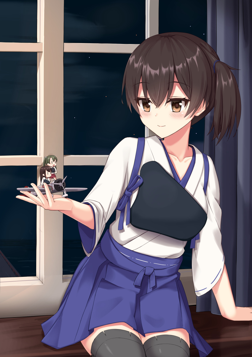 1girl a5m absurdres aircraft airplane black_legwear blush brown_eyes brown_hair fairy_(kantai_collection) highres japanese_clothes kaga_(kantai_collection) kantai_collection kokenashi long_hair looking_at_another muneate remodel_(kantai_collection) ribbon-trimmed_sleeves ribbon_trim side_ponytail smile tasuki thigh-highs