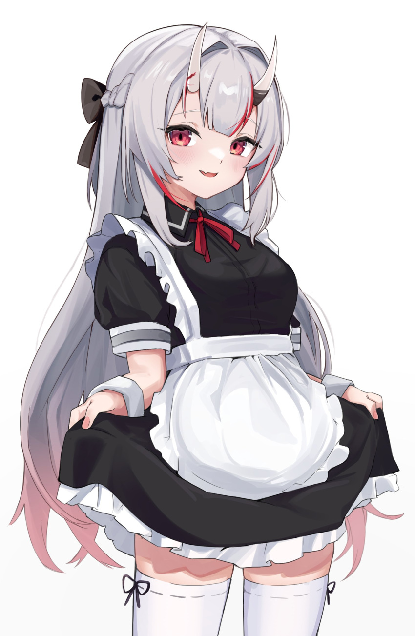 1girl :d absurdres alternate_costume apron blush breasts commentary_request cowboy_shot enmaided fang highres hitachi_sou hololive horns long_hair looking_at_viewer maid multicolored_hair nakiri_ayame red_eyes redhead silver_hair simple_background skin_fang skirt_hold small_breasts smile solo standing streaked_hair thigh-highs virtual_youtuber waist_apron white_background white_legwear wrist_cuffs zettai_ryouiki