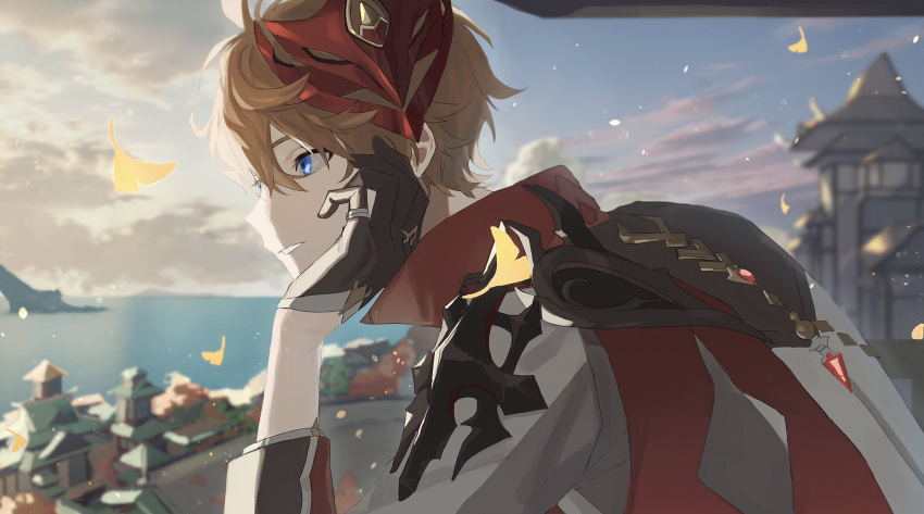 1boy bangs black_gloves blue_eyes blurry blurry_background building childe_(genshin_impact) chin_rest clouds day genshin_impact gloves hair_between_eyes highres jacket leaf male_focus mask mask_on_head mountain ocean orange_hair outdoors poi_poifu sky solo upper_body water