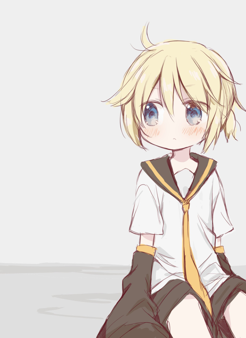 1boy arm_warmers black_collar black_sleeves blonde_hair blue_eyes blush collar commentary coronavirus_pandemic grey_background highres hitode kagamine_len looking_to_the_side male_focus necktie sailor_collar school_uniform shirt short_sleeves sitting solo symbol_commentary vocaloid white_shirt yellow_neckwear