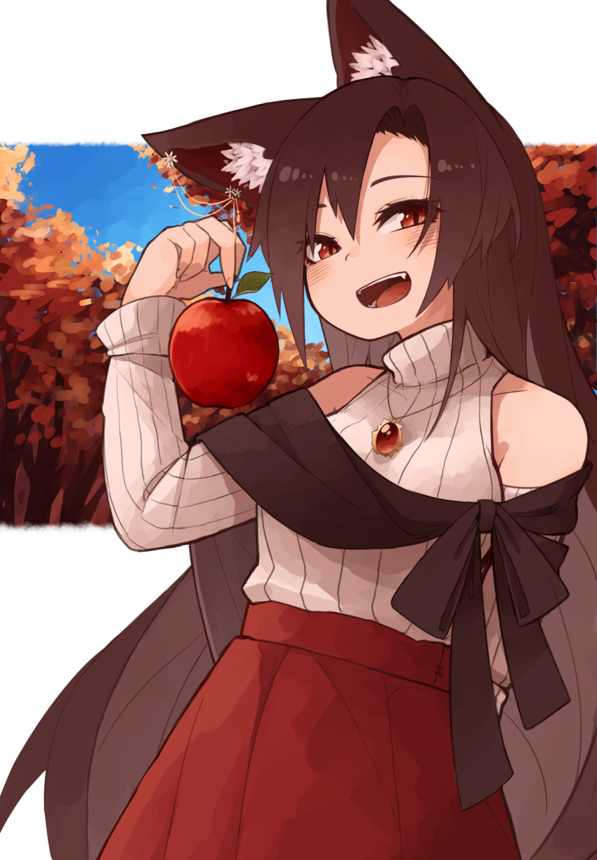 1girl adapted_costume animal_ear_fluff animal_ears apple arm_up asymmetrical_bangs bangs bare_shoulders blush brooch brown_eyes brown_hair commentary_request detached_sleeves ear_ornament fang food forest fruit hair_between_eyes high-waist_skirt highres holding holding_food holding_fruit imaizumi_kagerou jewelry kaginoni long_hair long_sleeves looking_at_viewer nature off-shoulder_sweater off_shoulder open_mouth parted_bangs pendant red_apple red_eyes red_skirt ribbed_sweater shawl sidelocks skirt slit_pupils smile solo sweater touhou turtleneck turtleneck_sweater very_long_hair werewolf white_background white_sweater wolf_ears
