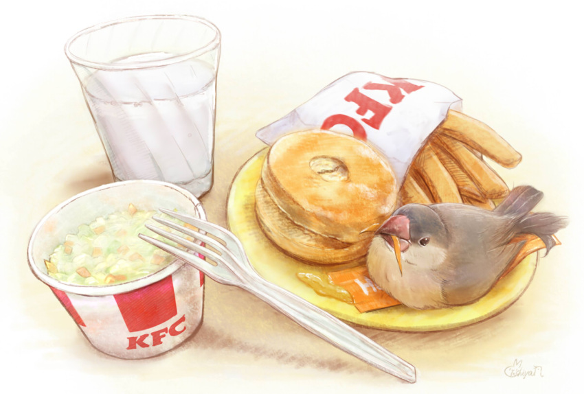 bag bird coleslaw cookie cup eating food fork french_fries java_sparrow kfc looking_up no_humans original plastic_fork plate yoshiyanmisoko