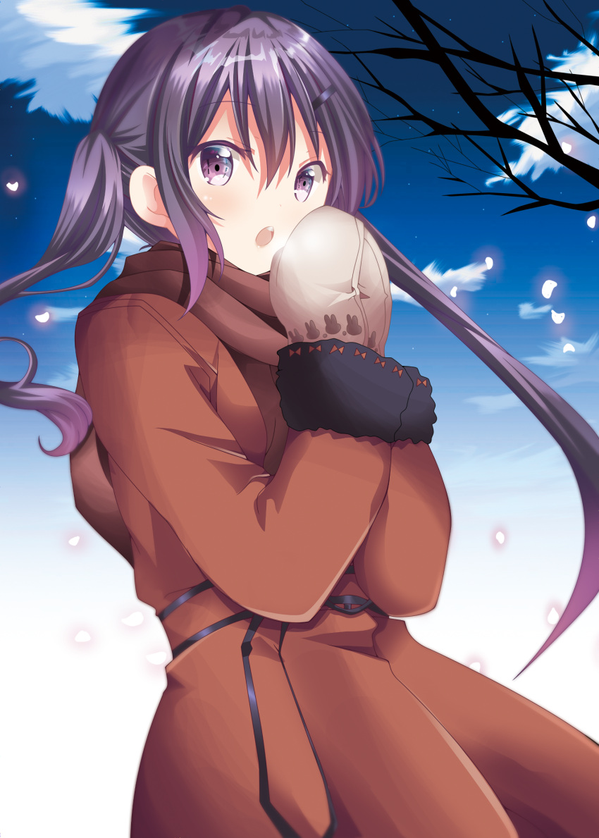 1girl bangs bare_tree brown_coat brown_mittens brown_scarf coat commentary_request day eyebrows_visible_through_hair fur-trimmed_sleeves fur_trim gochuumon_wa_usagi_desu_ka? hair_between_eyes hair_ornament hairclip hands_together hands_up highres kohakugin long_hair long_sleeves looking_at_viewer mittens open_mouth outdoors own_hands_together purple_hair scarf sidelocks solo tedeza_rize tree twintails upper_teeth very_long_hair violet_eyes